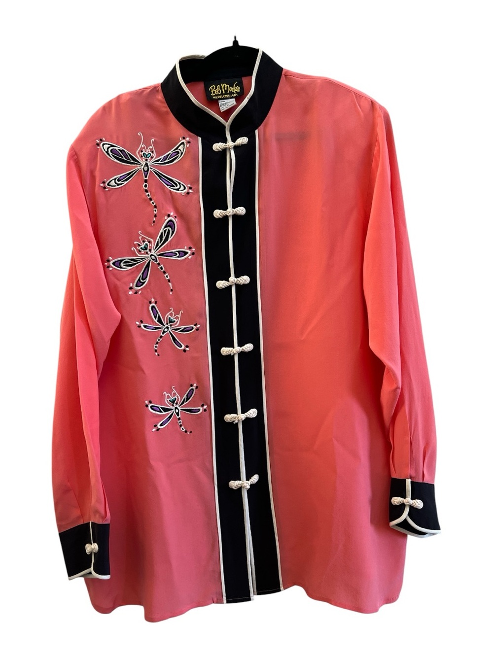 Vintage Bob Mackie Wearable Art Silk Dragonfly Mandarin Collar Blouse XL Asian